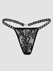 SHEIN 1pc Women Sexy Sheer Lace Thong Lingerie, Rave - Black - View 2