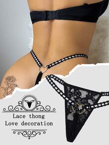 SHEIN 1pc Women Sexy Sheer Lace Thong Lingerie, Rave - Black - View 3
