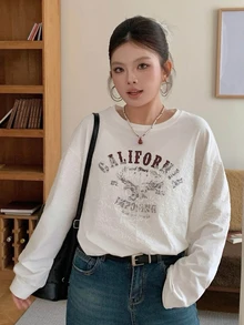 Dazy Plus Contrast Lace Design 2 In 1 Letter Print Loose Fit Korean Style White T-Shirt Fall - White - View 6