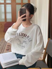 Dazy Plus Contrast Lace Design 2 In 1 Letter Print Loose Fit Korean Style White T-Shirt Fall - White - View 5