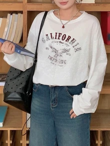 Dazy Plus Contrast Lace Design 2 In 1 Letter Print Loose Fit Korean Style White T-Shirt Fall - White - View 7