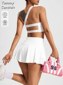 SHEIN Sovereign Charm 2pcs/Set Women Summer Camisole Bra Top With Padding And Ruffled Mini Skirt With Brief Shorts & Pockets, Sportswear Workout Women Sets - White - View 4