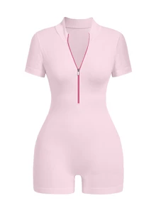 SHEIN Sovereign Charm 女款純色極簡休閒拉鍊短袖七分袖連身褲 - 賓治酒 - 查看 9