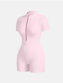 SHEIN Sovereign Charm 女款純色極簡休閒拉鍊短袖七分袖連身褲 - 賓治酒 - 查看 3