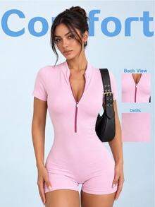 SHEIN Sovereign Charm 女款純色極簡休閒拉鍊短袖七分袖連身褲 - 賓治酒 - 查看 1