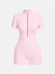 SHEIN Sovereign Charm 女款純色極簡休閒拉鍊短袖七分袖連身褲 - 賓治酒 - 查看 5