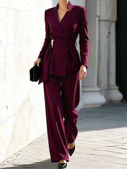 Penseblé Women's Early Autumn New Arrival Elegant Fashionable Daily Gathering Holiday Outfit Workplace Wear Casual Outing Versatile High-End Metal Decor Lace-Up Cinched Waist High-Waist Wide-Leg Long Pants With Burgundy Long Sleeve Blazer