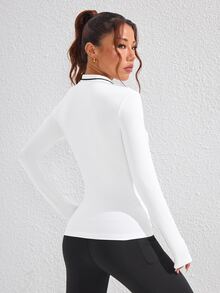 SHEIN Sovereign Charm 女式前拉链长袖休闲字母印花运动 Polo 衫 - 白色 - 查看 2