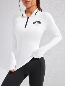 SHEIN Sovereign Charm 女式前拉链长袖休闲字母印花运动 Polo 衫 - 白色 - 查看 4