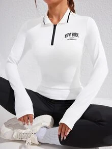 SHEIN Sovereign Charm 女式前拉链长袖休闲字母印花运动 Polo 衫 - 白色 - 查看 7