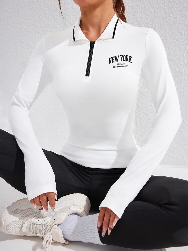 SHEIN Sovereign Charm 女式前拉链长袖休闲字母印花运动 Polo 衫 - 白色 - 查看 7