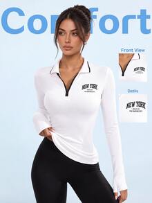 SHEIN Sovereign Charm 女式前拉链长袖休闲字母印花运动 Polo 衫 - 白色 - 查看 1