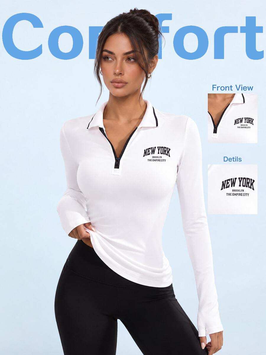SHEIN Sovereign Charm 女式前拉链长袖休闲字母印花运动 Polo 衫 - 白色 - 查看 1