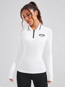 SHEIN Sovereign Charm 女式前拉链长袖休闲字母印花运动 Polo 衫 - 白色 - 查看 8