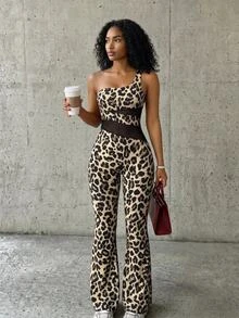BamGleam Women's Leopard Print One Shoulder Mesh Patchwork Flare Leg Jumpsuit - Multicolor - View 1