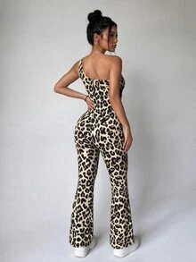 BamGleam Women's Leopard Print One Shoulder Mesh Patchwork Flare Leg Jumpsuit - Multicolor - View 4