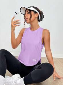 Sovereign Charm Women Letter Print Crew Neck Casual Versatile Sports Tank Top - Purple - View 4