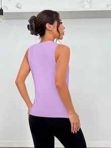 Sovereign Charm Women Letter Print Crew Neck Casual Versatile Sports Tank Top - Purple - View 3