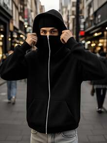 Neovey Men Casual Double-Hood Zip-Up Hooded Jacket, Grunge, Fall - Black - View 9