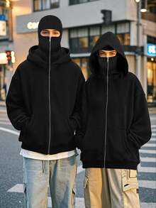 Neovey Men Casual Double-Hood Zip-Up Hooded Jacket, Grunge, Fall - Black - View 8