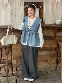 Dazy Plus Vintage Washed Patchwork Frill Trim Casual Layering Versatile Tank Top Pullover Denim Shirt For Girls - Light Wash - View 7