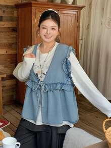 Dazy Plus Vintage Washed Patchwork Frill Trim Casual Layering Versatile Tank Top Pullover Denim Shirt For Girls - Light Wash - View 9