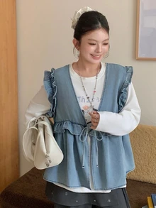 Dazy Plus Vintage Washed Patchwork Frill Trim Casual Layering Versatile Tank Top Pullover Denim Shirt For Girls - Light Wash - View 4