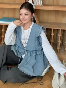 Dazy Plus Vintage Washed Patchwork Frill Trim Casual Layering Versatile Tank Top Pullover Denim Shirt For Girls - Light Wash - View 5