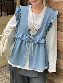 Dazy Plus Vintage Washed Patchwork Frill Trim Casual Layering Versatile Tank Top Pullover Denim Shirt For Girls - Light Wash - View 8