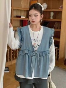 Dazy Plus Vintage Washed Patchwork Frill Trim Casual Layering Versatile Tank Top Pullover Denim Shirt For Girls - Light Wash - View 6