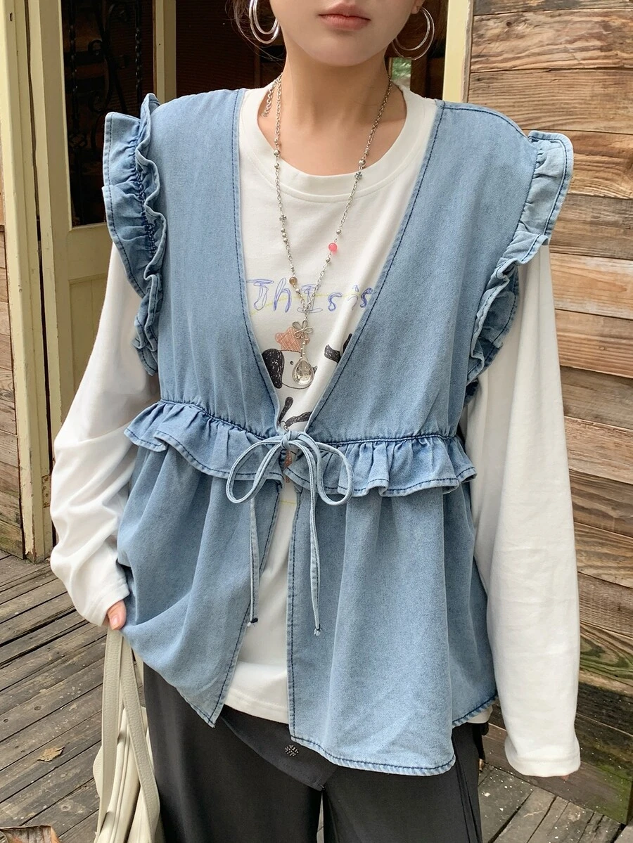Dazy Plus Tank Top Denim Kasual Serbaguna dengan Hiasan Rumbai dan Patchwork Bergaya Vintage untuk Anak Perempuan - Light Wash - View 1