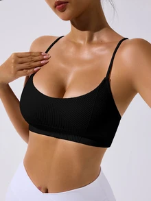 SHEIN Sovereign Charm 女士纯色罗纹无缝健身运动背心 - 黑色 - 查看 6