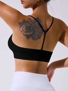 SHEIN Sovereign Charm 女士纯色罗纹无缝健身运动背心 - 黑色 - 查看 2
