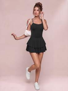 SHEIN Sovereign Charm Crossed Back Wide-Leg Jumpsuit With Double Ruffled Skirt And Pockets, Spring/Summer - Black - View 6
