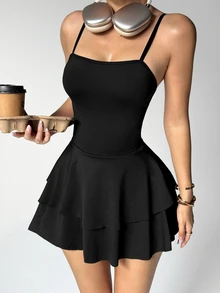 SHEIN Sovereign Charm Crossed Back Wide-Leg Jumpsuit With Double Ruffled Skirt And Pockets, Spring/Summer - Black - View 7