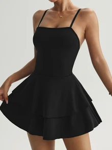 SHEIN Sovereign Charm Crossed Back Wide-Leg Jumpsuit With Double Ruffled Skirt And Pockets, Spring/Summer - Black - View 9