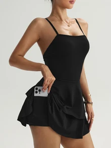 SHEIN Sovereign Charm Crossed Back Wide-Leg Jumpsuit With Double Ruffled Skirt And Pockets, Spring/Summer - Black - View 10