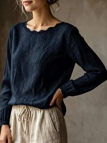 SHEIN 女款休閒優雅淺米色圓領蕾絲飾邊極簡通勤百搭日常襯衫 - 藏蓝色 - 查看 6