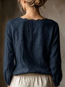SHEIN 女款休閒優雅淺米色圓領蕾絲飾邊極簡通勤百搭日常襯衫 - 藏蓝色 - 查看 2