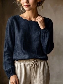 SHEIN 女款休閒優雅淺米色圓領蕾絲飾邊極簡通勤百搭日常襯衫 - 藏蓝色 - 查看 5