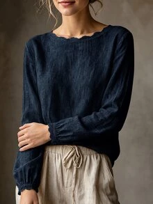 SHEIN 女款休閒優雅淺米色圓領蕾絲飾邊極簡通勤百搭日常襯衫 - 藏蓝色 - 查看 4