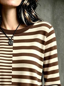 Bytebia Bytebia Women's Double-Row Striped Casual Fashion Versatile Long Sleeve Crew Neck Top - Multicolor - View 3