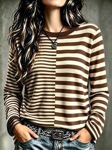 Bytebia Bytebia Women's Double-Row Striped Casual Fashion Versatile Long Sleeve Crew Neck Top - Multicolor - View 1