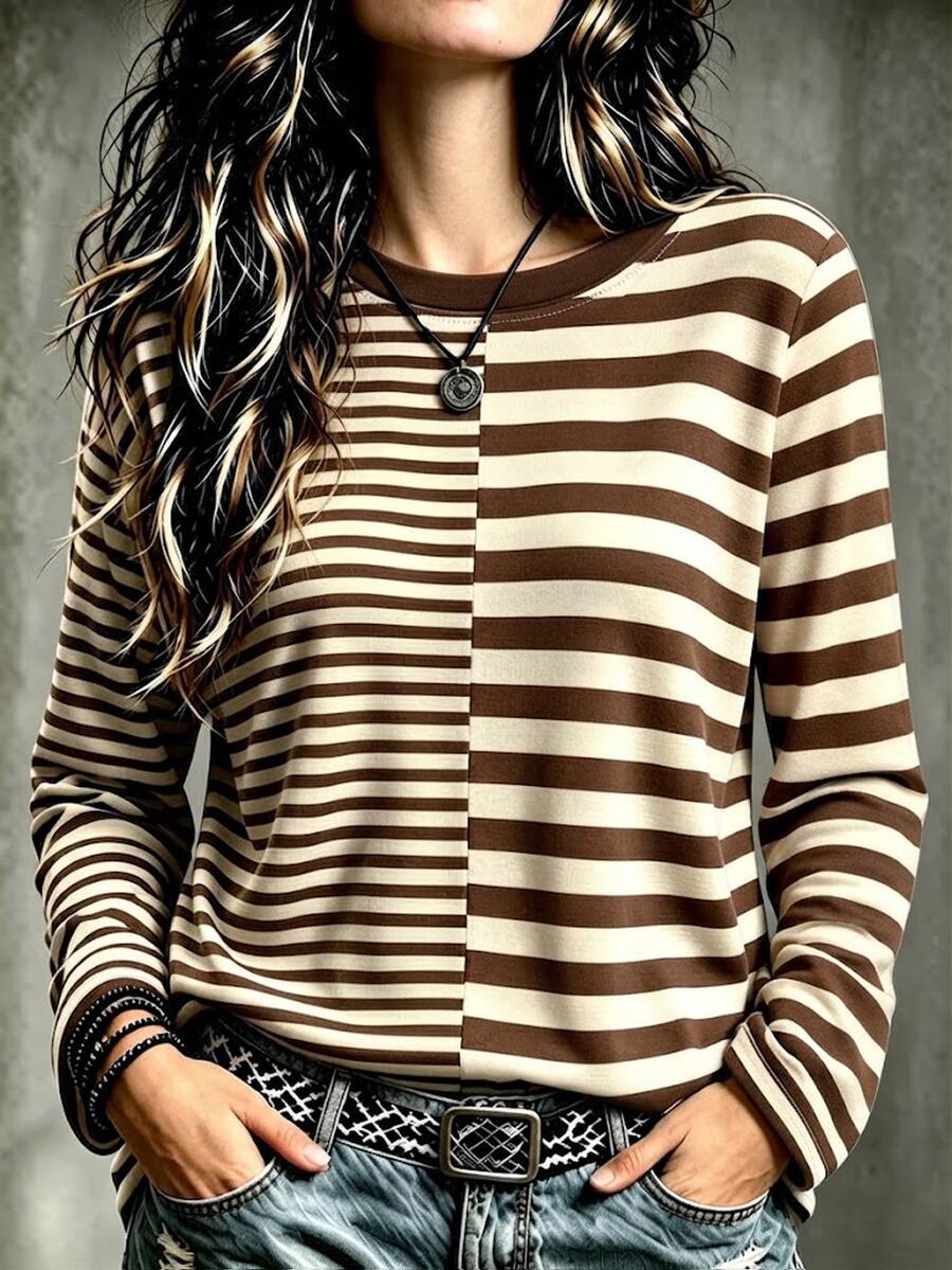 Bytebia Bytebia Women's Double-Row Striped Casual Fashion Versatile Long Sleeve Crew Neck Top - Multicolor - View 1