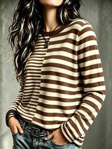 Bytebia Bytebia Women's Double-Row Striped Casual Fashion Versatile Long Sleeve Crew Neck Top - Multicolor - View 4