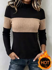 SHEIN Holidaya Women's Elegant Casual Retro Commute Color‑Block Cable Long Sleeve Knit Tee,Fitted Cropped Casual Fall Layering Basic Tops Going Out Outfits For Women - Black - View 6