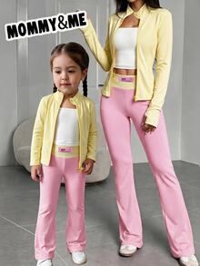 SHEIN Young Girl Knit Solid Kids Color Stand Collar Casual Jacket And Long Pants 2 Pieces Set, Brushed Brushed Thick Fabric, Suitable For Autumn/Winter - Multicolor - View 3