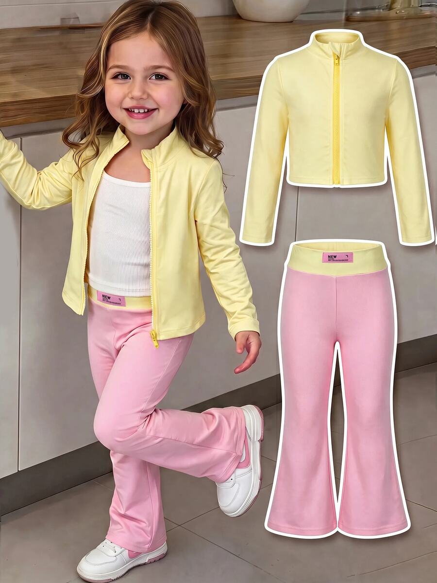 SHEIN Young Girl Knit Solid Kids Color Stand Collar Casual Jacket And Long Pants 2 Pieces Set, Brushed Brushed Thick Fabric, Suitable For Autumn/Winter - Multicolor - View 1