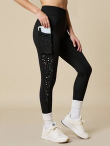 SHEIN 两件套少女紧身裤套装，星空喷绘圆点印花瑜伽紧身裤，高弹力，时尚百搭，适合运动、户外、跑步、骑行、徒步等，黑粉色 - 彩色 - 查看 5