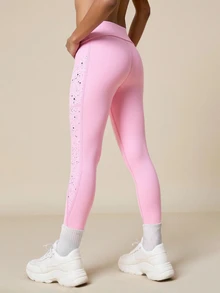 SHEIN 两件套少女紧身裤套装，星空喷绘圆点印花瑜伽紧身裤，高弹力，时尚百搭，适合运动、户外、跑步、骑行、徒步等，黑粉色 - 彩色 - 查看 6